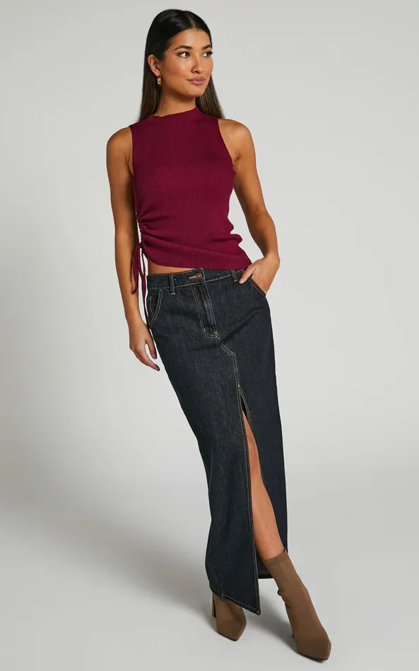 Showpo Giselli Top 8211 Knit Ruched Side Tank Top In Plum Women Knitwear