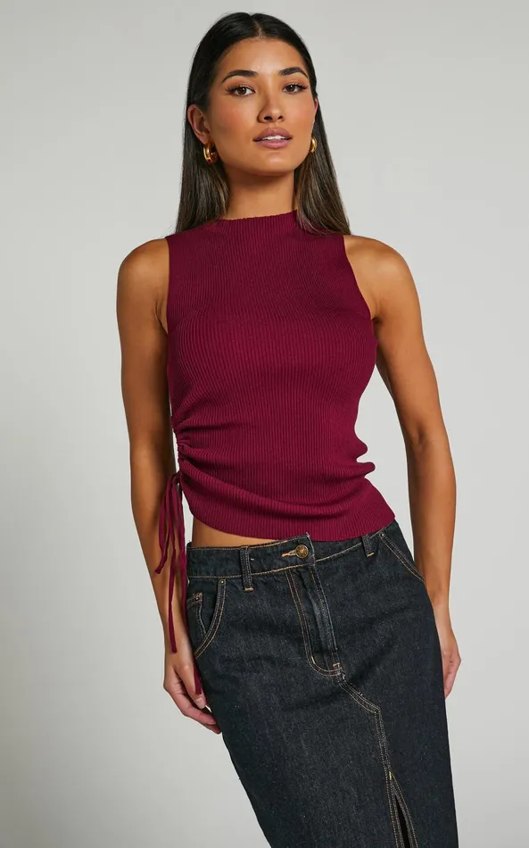 Showpo Giselli Top 8211 Knit Ruched Side Tank Top In Plum Women Knitwear