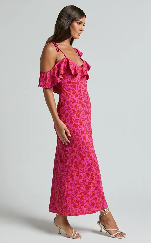 Showpo Giulia Midi Dress 8211 One Shoulder Frill Detail Dress In Pink Floral Women Dresses