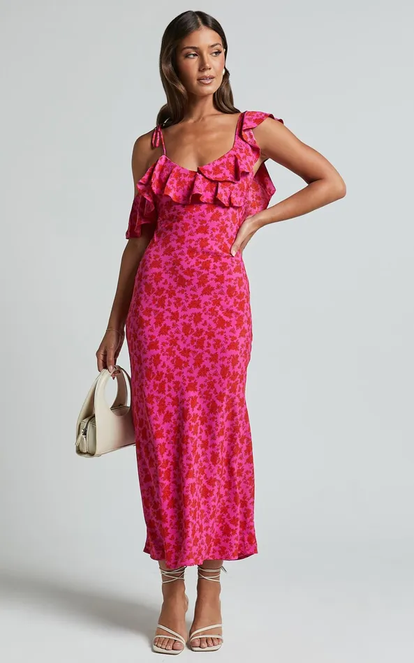 Showpo Giulia Midi Dress 8211 One Shoulder Frill Detail Dress In Pink Floral Women Dresses