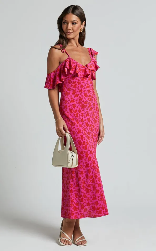Showpo Giulia Midi Dress 8211 One Shoulder Frill Detail Dress In Pink Floral Women Dresses