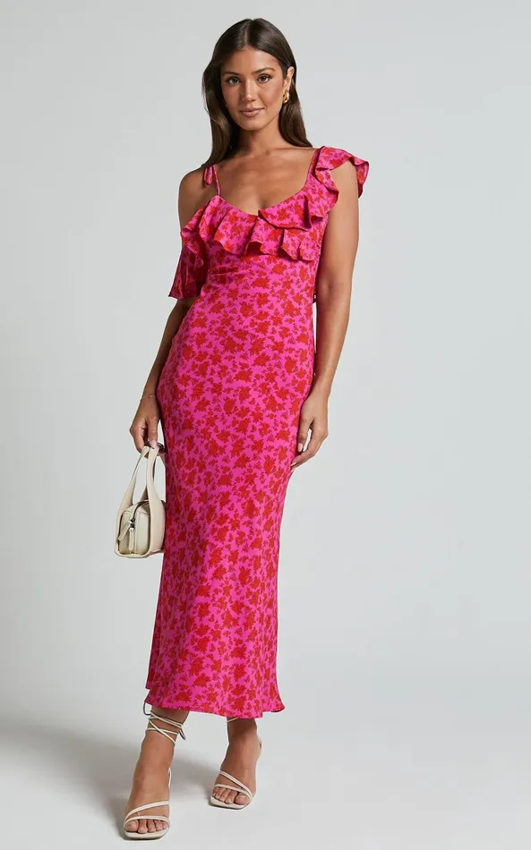 Showpo Giulia Midi Dress 8211 One Shoulder Frill Detail Dress In Pink Floral Women Dresses
