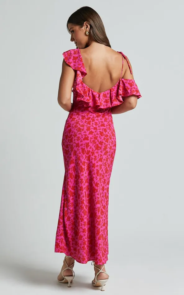 Showpo Giulia Midi Dress 8211 One Shoulder Frill Detail Dress In Pink Floral Women Dresses
