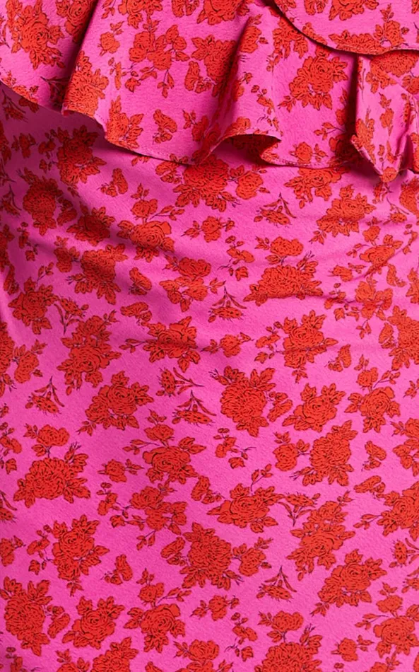 Showpo Giulia Midi Dress 8211 One Shoulder Frill Detail Dress In Pink Floral Women Dresses