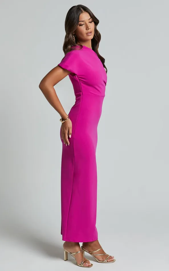Showpo Gizelly Midi Dress 8211 One Shoulder Ruched Dress In Grape Women Dresses