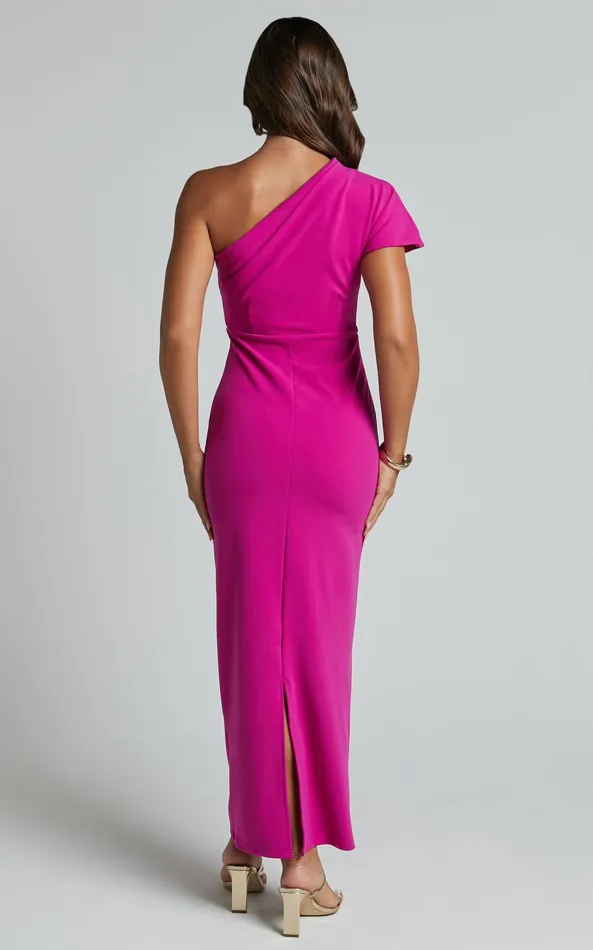 Showpo Gizelly Midi Dress 8211 One Shoulder Ruched Dress In Grape Women Dresses
