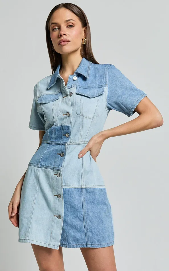 Showpo Gladys Mini Dress 8211 Short Sleeve Patchwork Denim Dress In Multi Women Dresses Showpo Gladys Mini Dress 8211 Short Sleeve Patchwork Denim Dress In Multi Women Dresses