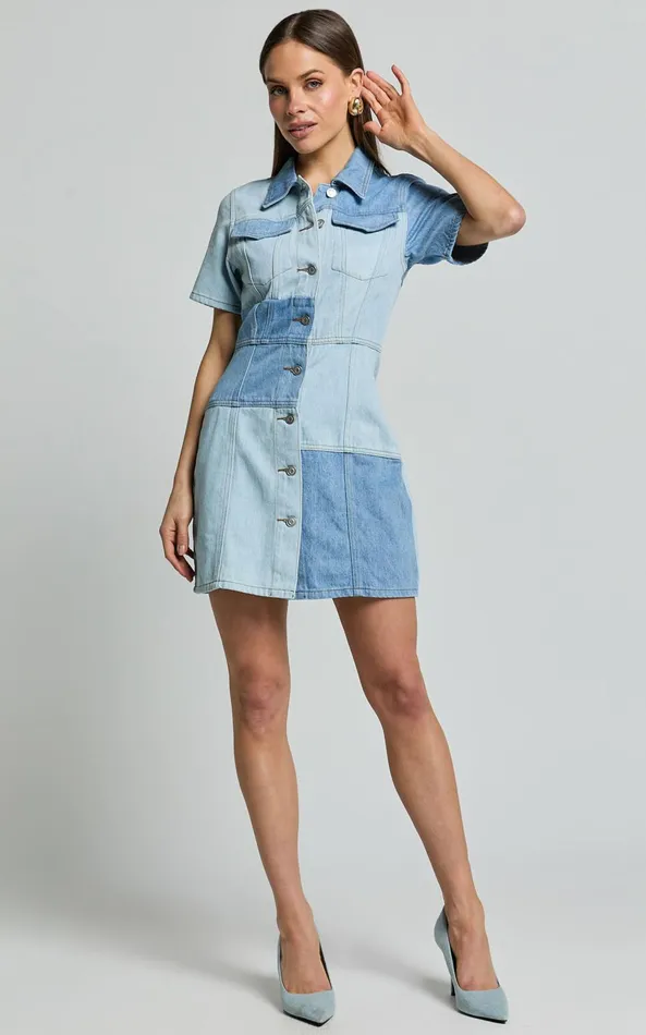Showpo Gladys Mini Dress 8211 Short Sleeve Patchwork Denim Dress In Multi Women Dresses