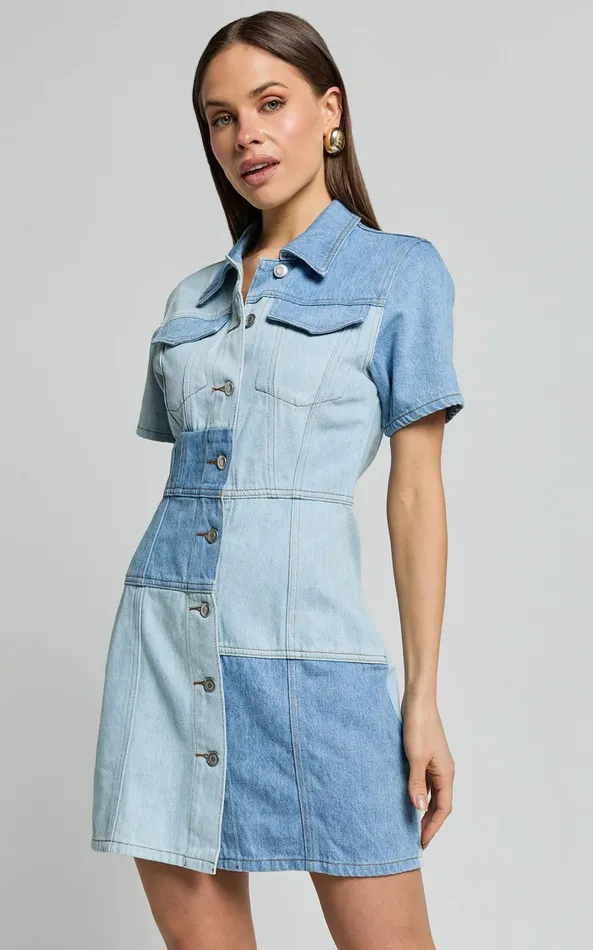 Showpo Gladys Mini Dress 8211 Short Sleeve Patchwork Denim Dress In Multi Women Dresses