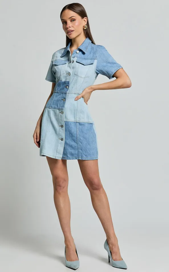 Showpo Gladys Mini Dress 8211 Short Sleeve Patchwork Denim Dress In Multi Women Dresses