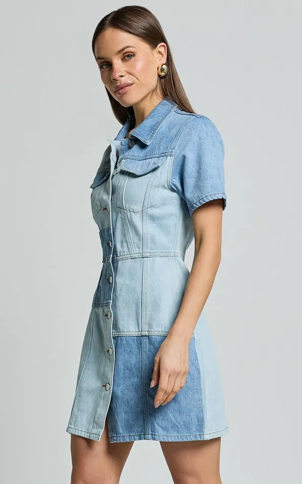 Showpo Gladys Mini Dress 8211 Short Sleeve Patchwork Denim Dress In Multi Women Dresses