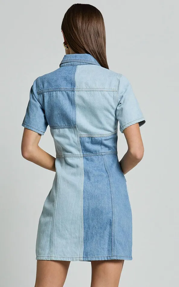 Showpo Gladys Mini Dress 8211 Short Sleeve Patchwork Denim Dress In Multi Women Dresses