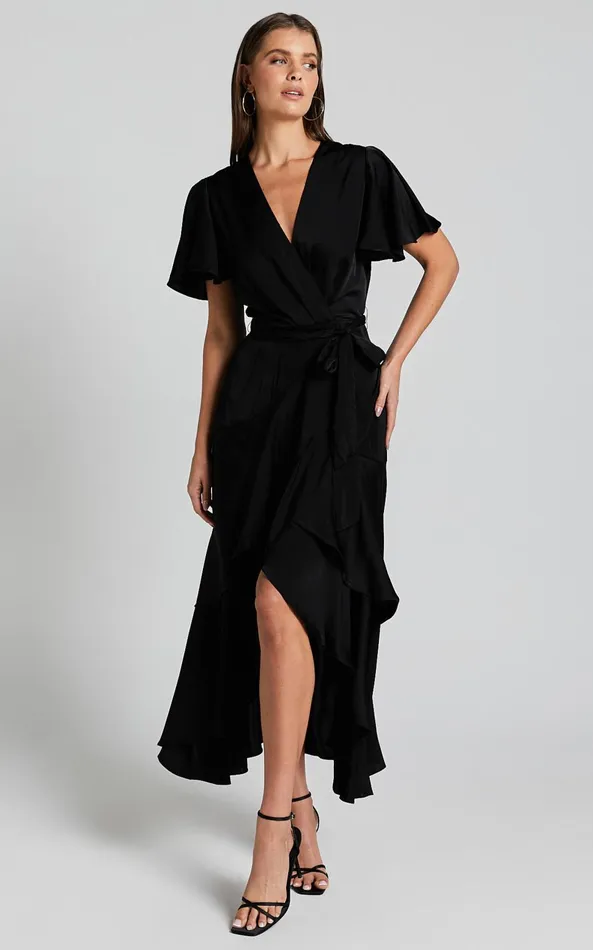 Showpo Glena Midi Dress 8211 V Neck Short Flutter Sleeve Wrap In Black Women Dresses Showpo Glena Midi Dress 8211 V Neck Short Flutter Sleeve Wrap In Black Women Dresses