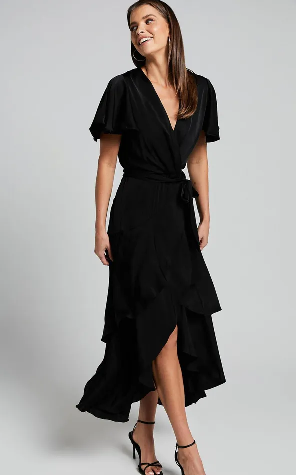 Showpo Glena Midi Dress 8211 V Neck Short Flutter Sleeve Wrap In Black Women Dresses