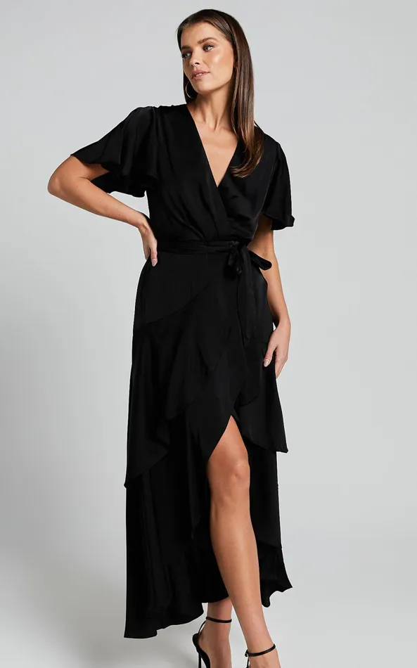 Showpo Glena Midi Dress 8211 V Neck Short Flutter Sleeve Wrap In Black Women Dresses