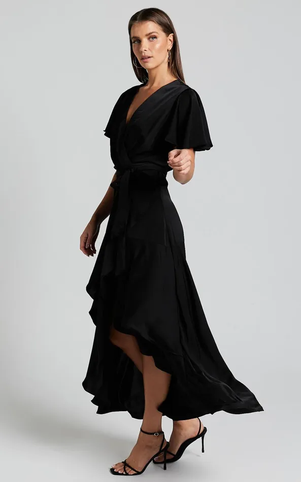 Showpo Glena Midi Dress 8211 V Neck Short Flutter Sleeve Wrap In Black Women Dresses