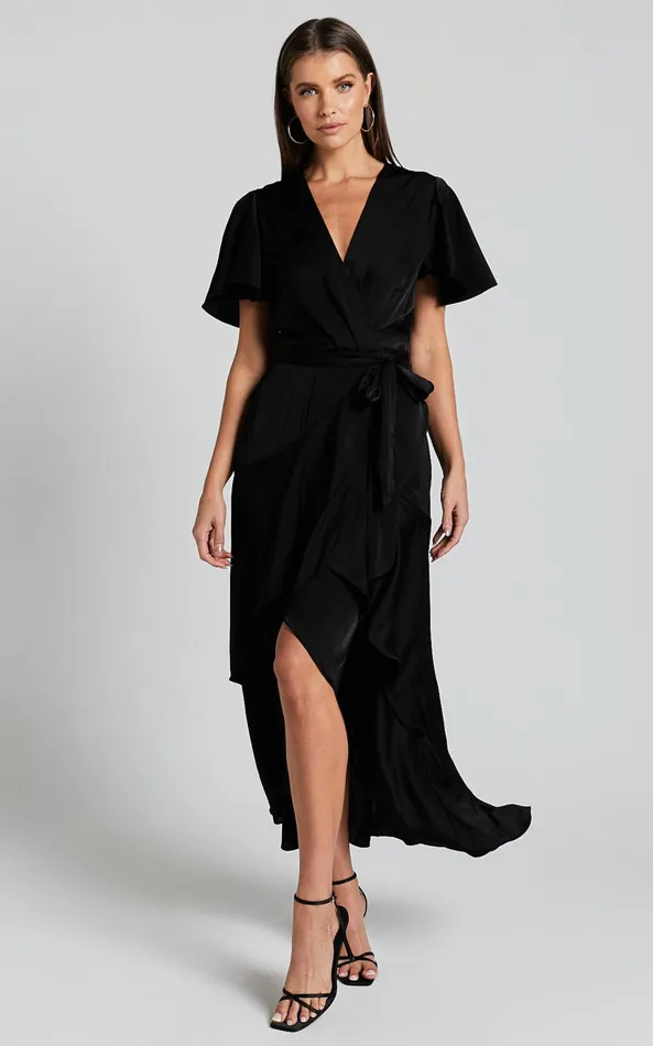 Showpo Glena Midi Dress 8211 V Neck Short Flutter Sleeve Wrap In Black Women Dresses