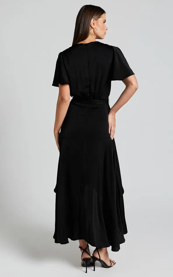 Showpo Glena Midi Dress 8211 V Neck Short Flutter Sleeve Wrap In Black Women Dresses