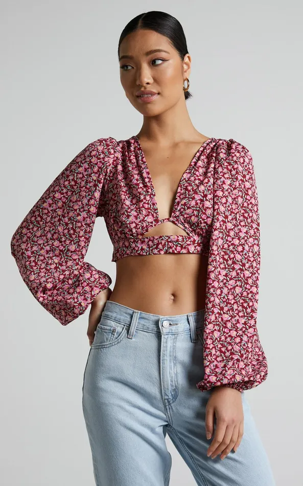 Showpo Glenda Blouse 8211 Puff Sleeve Cut Out Open Back Blouse In Red Floral Women Curve Clothes Showpo Glenda Blouse 8211 Puff Sleeve Cut Out Open Back Blouse In Red Floral Women Curve Clothes