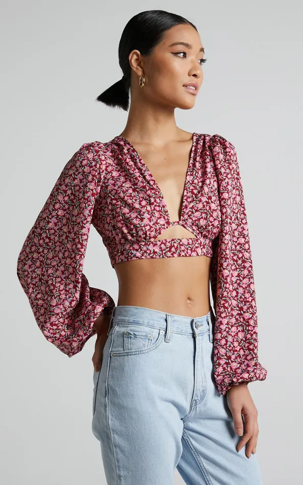 Showpo Glenda Blouse 8211 Puff Sleeve Cut Out Open Back Blouse In Red Floral Women Curve Clothes