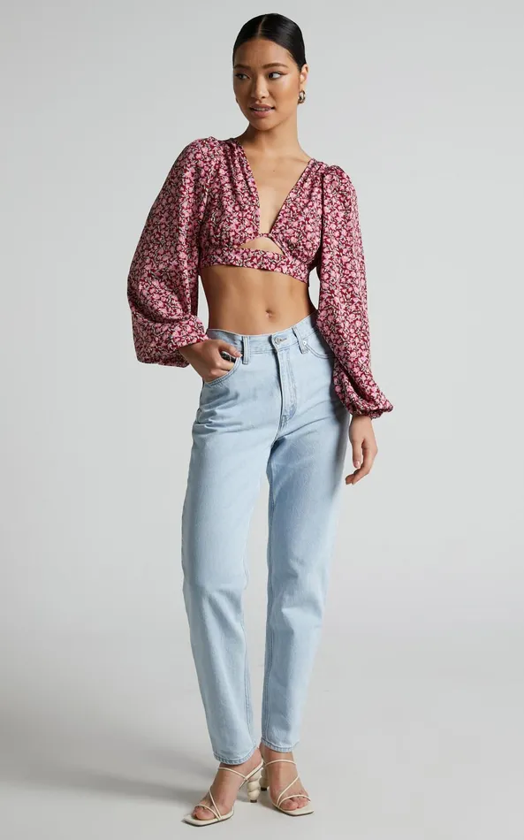 Showpo Glenda Blouse 8211 Puff Sleeve Cut Out Open Back Blouse In Red Floral Women Curve Clothes
