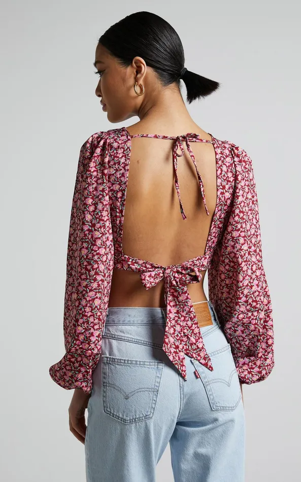 Showpo Glenda Blouse 8211 Puff Sleeve Cut Out Open Back Blouse In Red Floral Women Curve Clothes