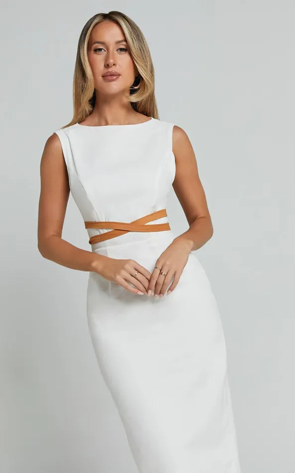 Showpo Glenda Midi Dress 8211 High Neck Sleeveless Back Split Slip Dress In White Women Dresses