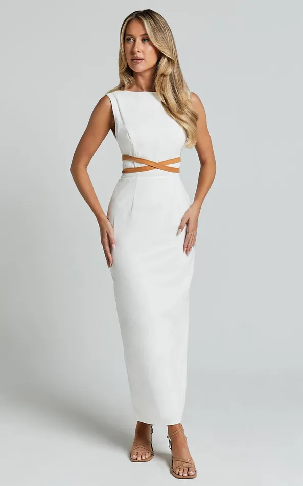 Showpo Glenda Midi Dress 8211 High Neck Sleeveless Back Split Slip Dress In White Women Dresses
