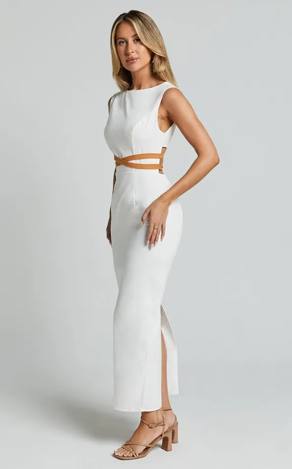 Showpo Glenda Midi Dress 8211 High Neck Sleeveless Back Split Slip Dress In White Women Dresses