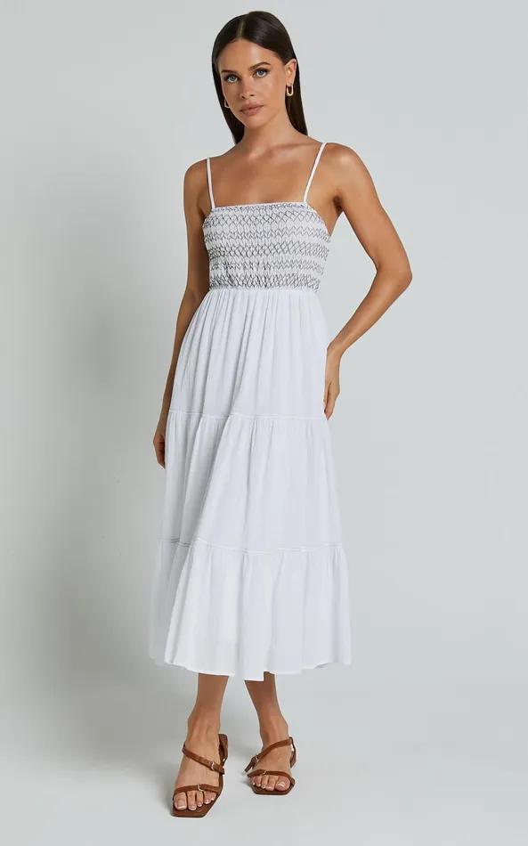 Showpo Gloria Midi Dress 8211 Strappy Straight Neck Tiered Dress In White Women Dresses Showpo Gloria Midi Dress 8211 Strappy Straight Neck Tiered Dress In White Women Dresses