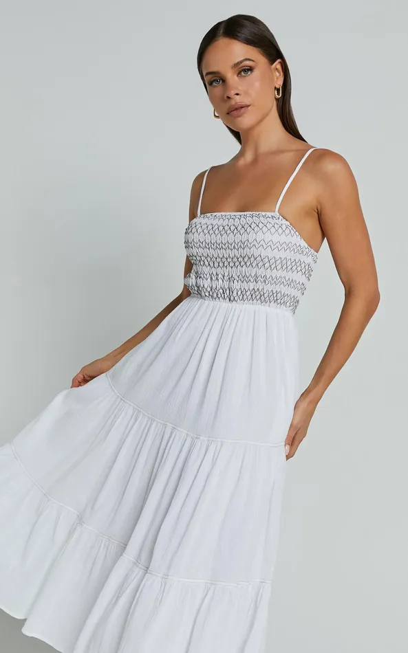Showpo Gloria Midi Dress 8211 Strappy Straight Neck Tiered Dress In White Women Dresses