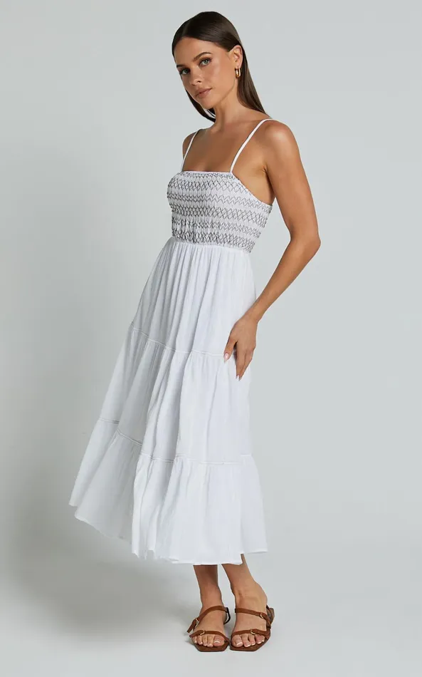 Showpo Gloria Midi Dress 8211 Strappy Straight Neck Tiered Dress In White Women Dresses