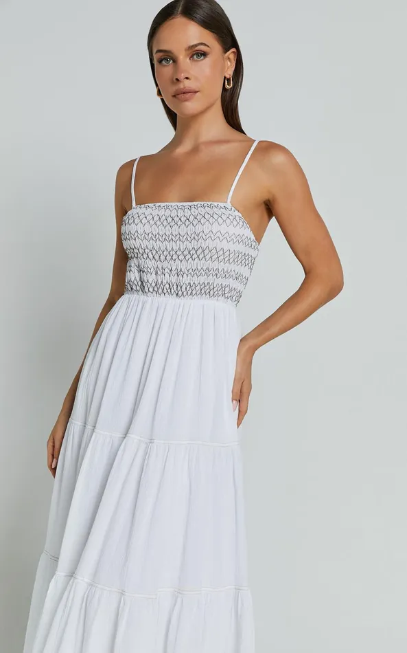 Showpo Gloria Midi Dress 8211 Strappy Straight Neck Tiered Dress In White Women Dresses