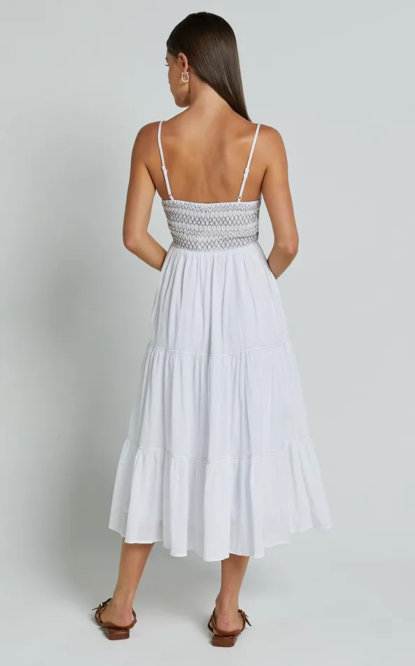 Showpo Gloria Midi Dress 8211 Strappy Straight Neck Tiered Dress In White Women Dresses