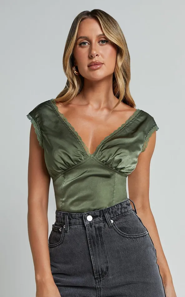 Showpo Gloria Top 8211 V Neck Lace Detail Cap Sleeve Top In Sage Women Tops
