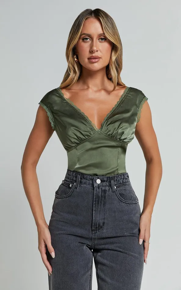 Showpo Gloria Top 8211 V Neck Lace Detail Cap Sleeve Top In Sage Women Tops