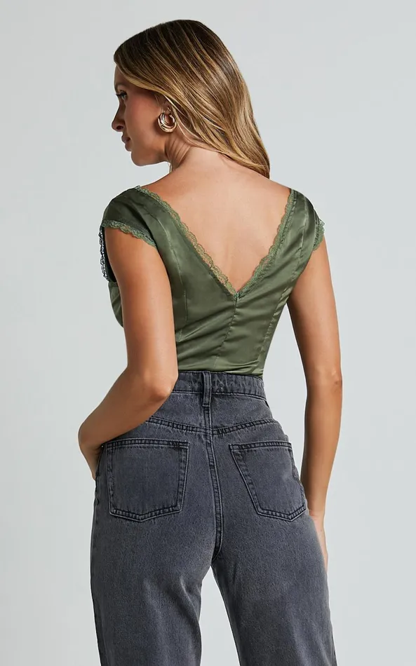 Showpo Gloria Top 8211 V Neck Lace Detail Cap Sleeve Top In Sage Women Tops
