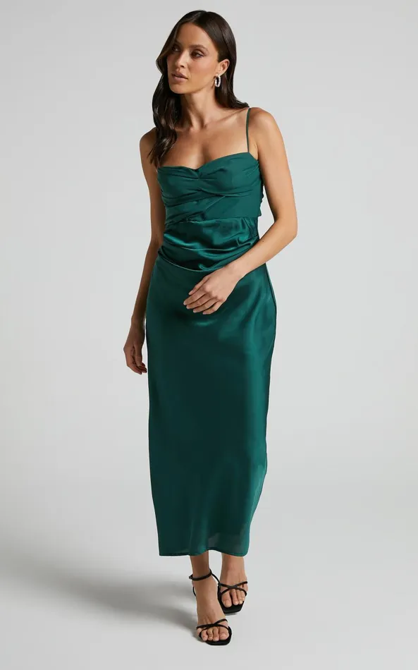 Showpo Glynn Midi Dress 8211 Ruched Sweetheart Bodice Dress In Forest Green Women Dresses