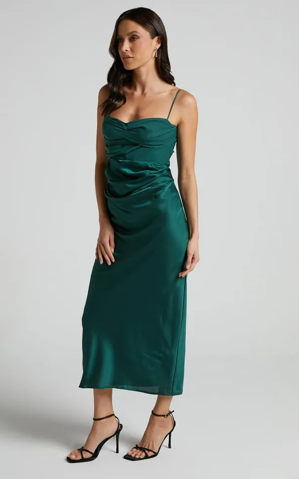 Showpo Glynn Midi Dress 8211 Ruched Sweetheart Bodice Dress In Forest Green Women Dresses