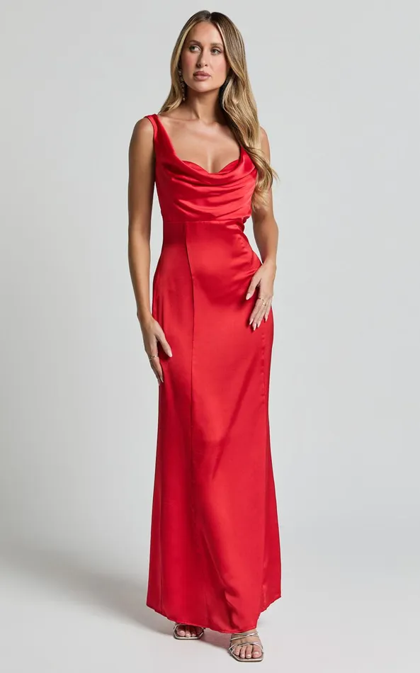 Showpo Grace Maxi Dress 8211 Cowl Neck Satin Slip Dress In Red Women Dresses