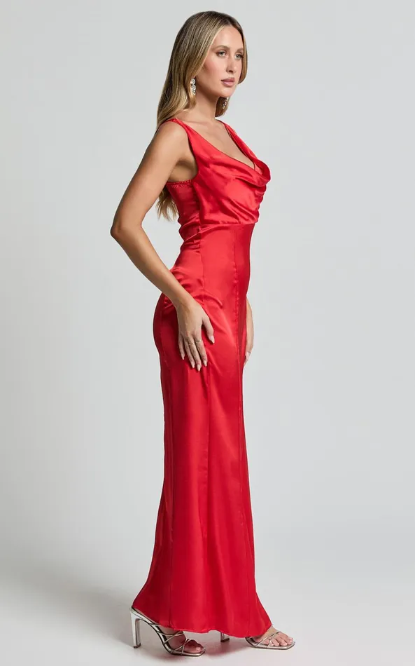 Showpo Grace Maxi Dress 8211 Cowl Neck Satin Slip Dress In Red Women Dresses