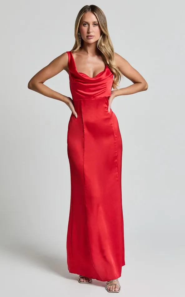 Showpo Grace Maxi Dress 8211 Cowl Neck Satin Slip Dress In Red Women Dresses