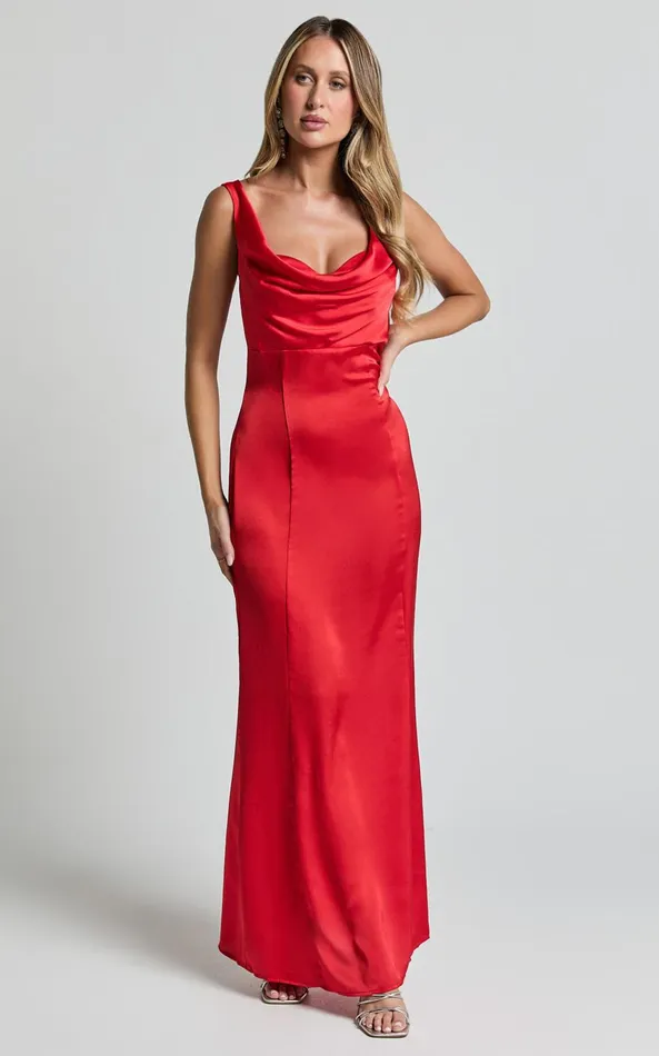Showpo Grace Maxi Dress 8211 Cowl Neck Satin Slip Dress In Red Women Dresses
