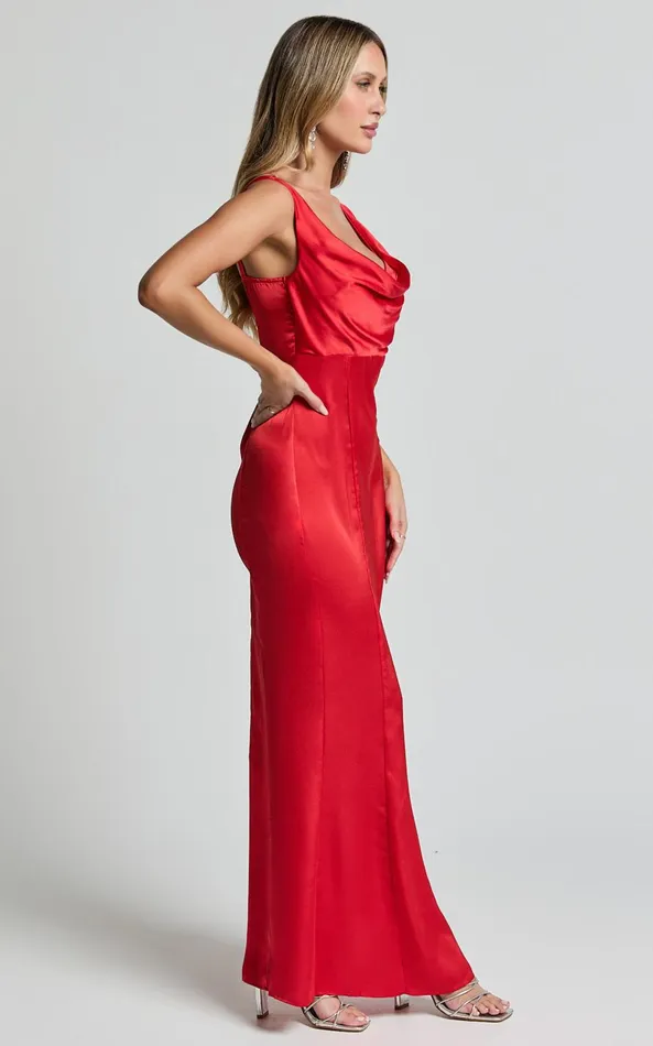 Showpo Grace Maxi Dress 8211 Cowl Neck Satin Slip Dress In Red Women Dresses