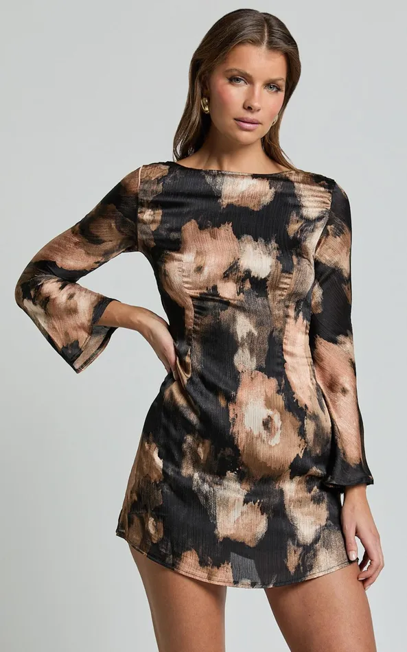 Showpo Gracie Mini Dress 8211 High Neck Long Sleeve Backless Tie Dress In Autumn Print Women Dresses