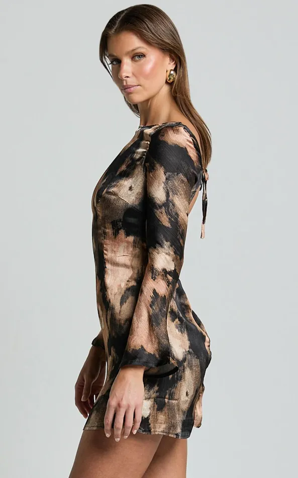 Showpo Gracie Mini Dress 8211 High Neck Long Sleeve Backless Tie Dress In Autumn Print Women Dresses