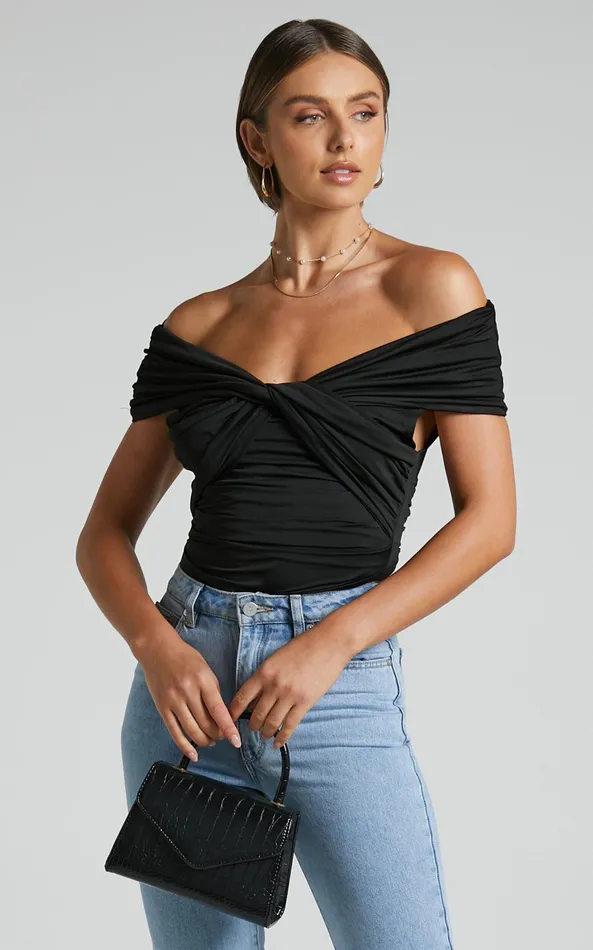Showpo Greita Bodysuit 8211 Twist Front Off Shoulder Bodysuit In Black Women Tops Showpo Greita Bodysuit 8211 Twist Front Off Shoulder Bodysuit In Black Women Tops
