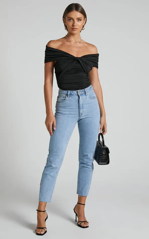 Showpo Greita Bodysuit 8211 Twist Front Off Shoulder Bodysuit In Black Women Tops