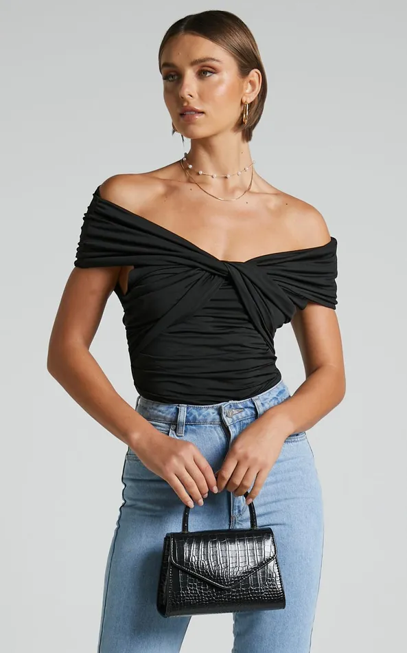 Showpo Greita Bodysuit 8211 Twist Front Off Shoulder Bodysuit In Black Women Tops