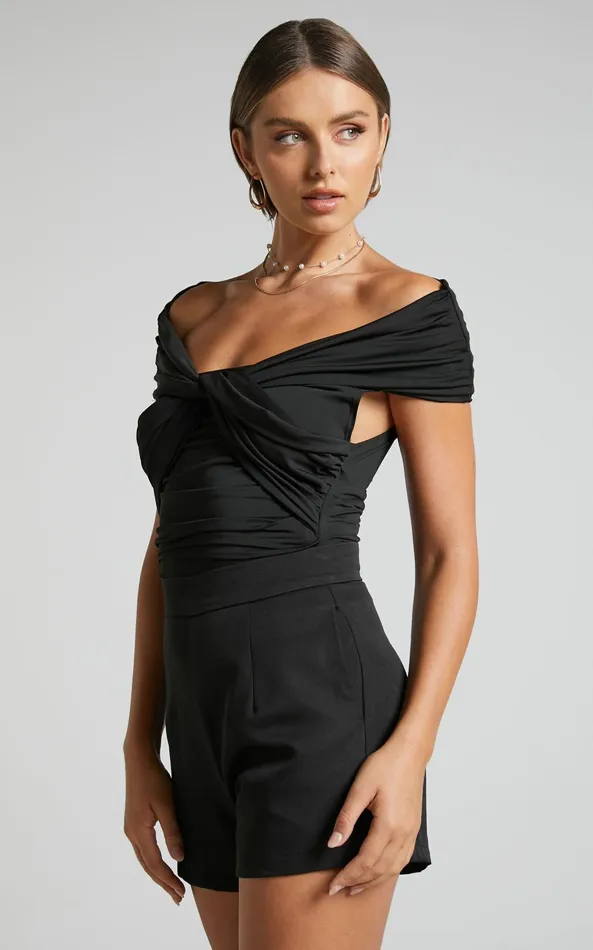 Showpo Greita Bodysuit 8211 Twist Front Off Shoulder Bodysuit In Black Women Tops